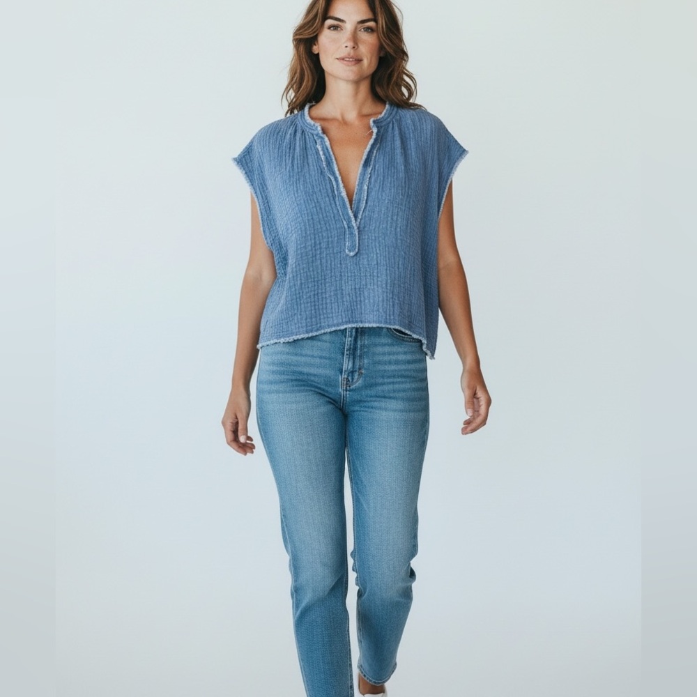 Aerie Sleeveless Plunge Split Neck Raw Hem Crop Top denim Women's Size Large